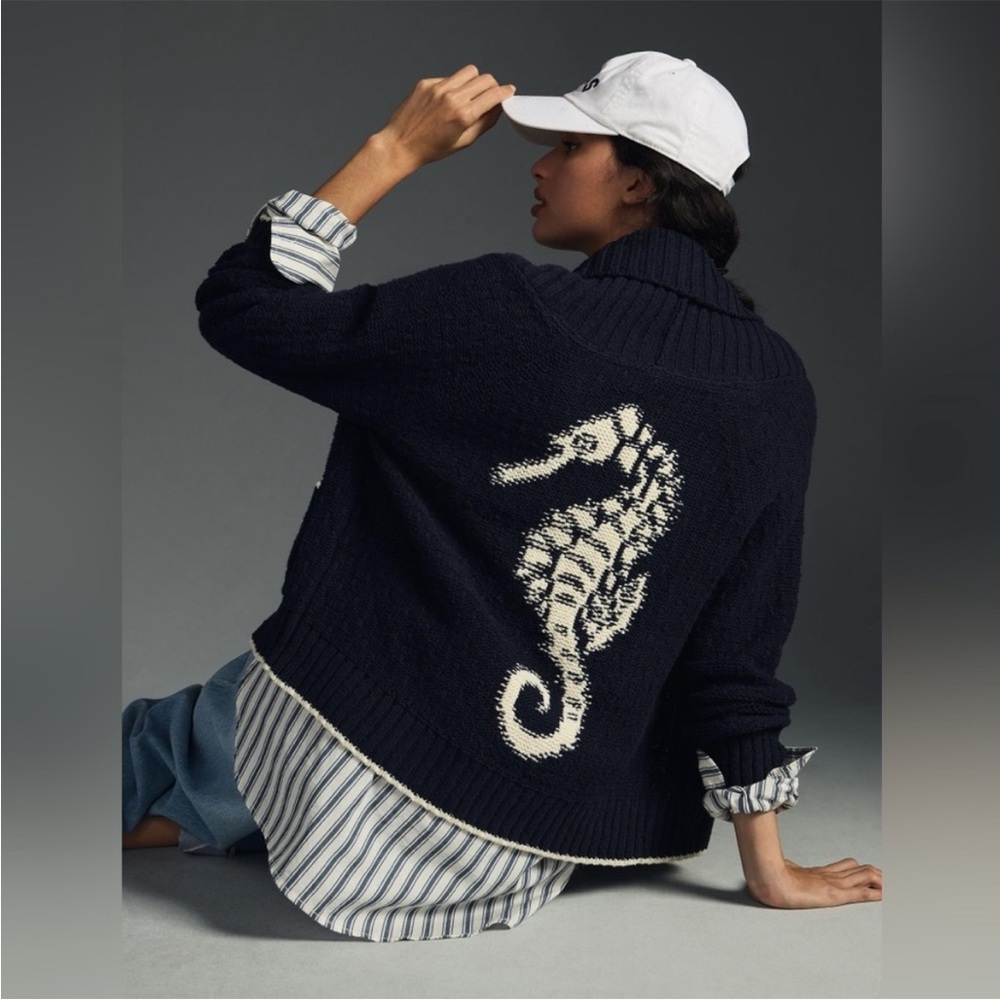 Navy Blue Sweater with Seahorse Design